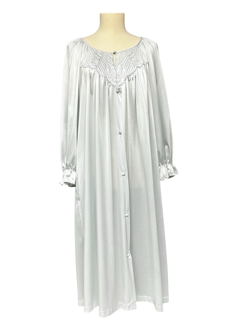 Vintage Vanity Fair Blue Satin Nylon Long Robe Housecoat Embroidered Lace Medium